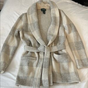 Ralph Lauren Lambswool Plaid Shawl-Collar Wrap Jacket S Lux ++
